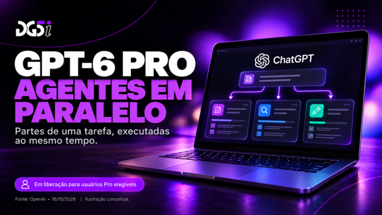 Ilustração conceitual da DG5i sobre agentes em paralelo no ChatGPT, com notebook e fluxos de tarefas.