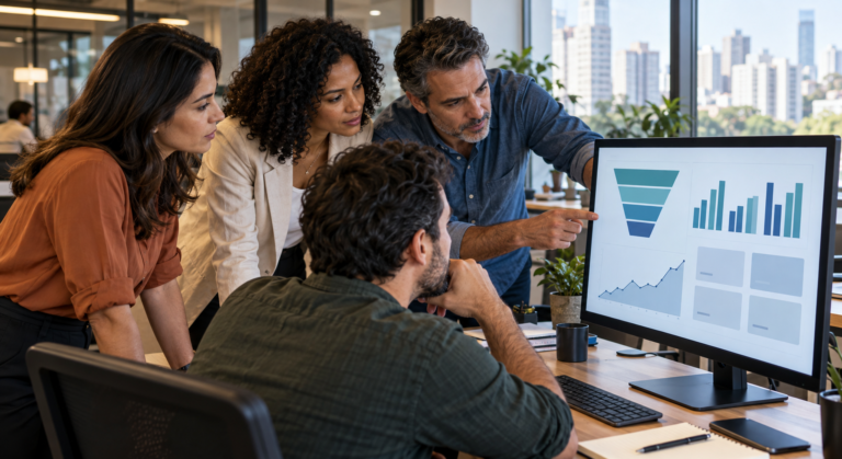 Equipe de marketing e vendas analisa gráficos ilustrativos de canais e funil comercial.