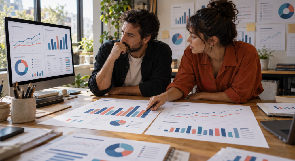 Equipe de marketing analisa gráficos de barras e linhas em relatórios impressos e no monitor.