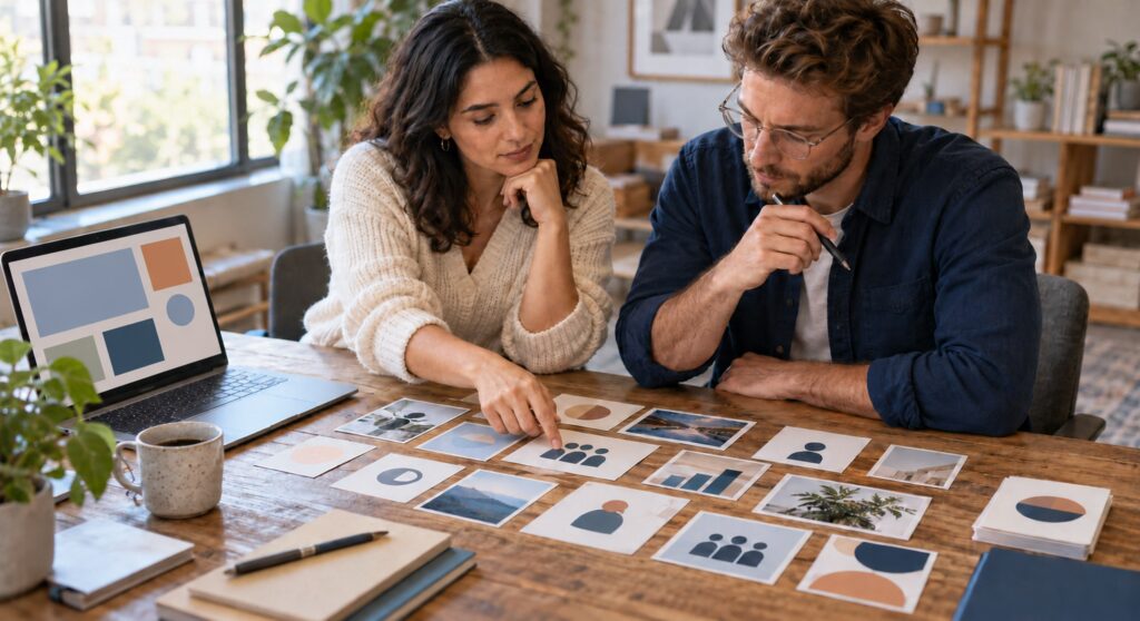 Equipe compara argumentos de campanha para diferentes públicos durante o planejamento de marketing.