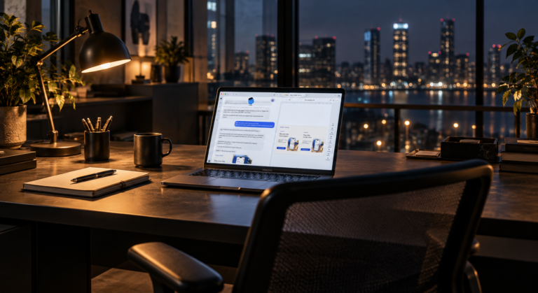 Cena editorial fotorealista de uma cadeira vazia diante de um notebook com assistente digital e materiais de trabalho na tela, em escritório iluminado à noite.
