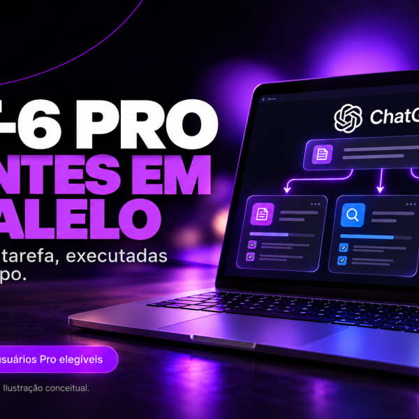 Ilustração conceitual da DG5i sobre agentes em paralelo no ChatGPT, com notebook e fluxos de tarefas.