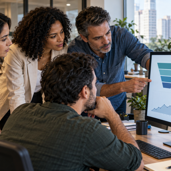Equipe de marketing e vendas analisa gráficos ilustrativos de canais e funil comercial.