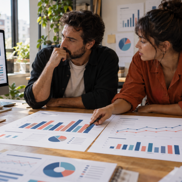 Equipe de marketing analisa gráficos de barras e linhas em relatórios impressos e no monitor.