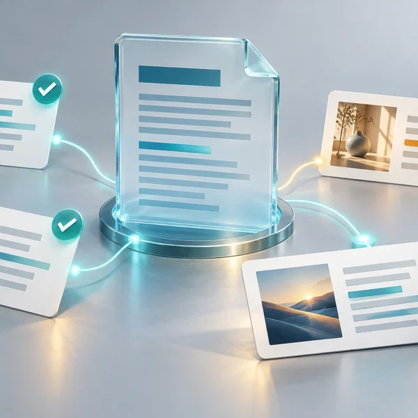 Cartões de textos de campanha conectados a um briefing, com sinais de conferência e dúvida.