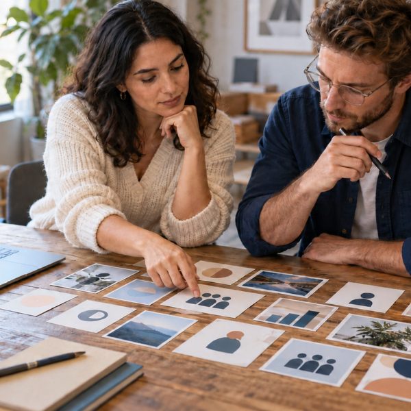 Equipe compara argumentos de campanha para diferentes públicos durante o planejamento de marketing.