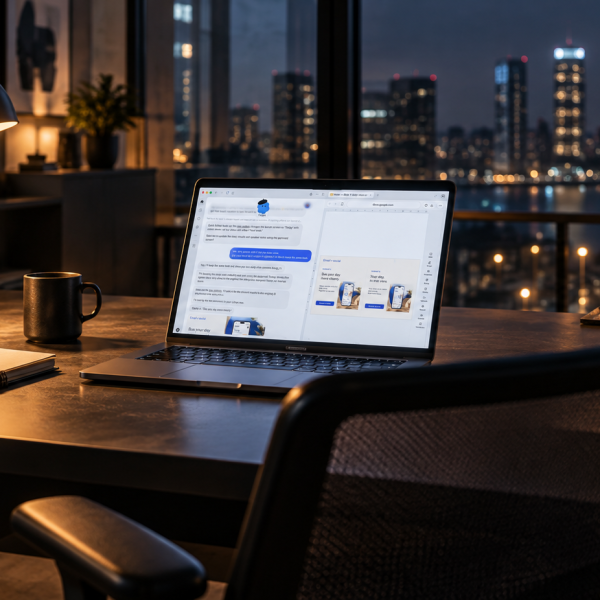 Cena editorial fotorealista de uma cadeira vazia diante de um notebook com assistente digital e materiais de trabalho na tela, em escritório iluminado à noite.